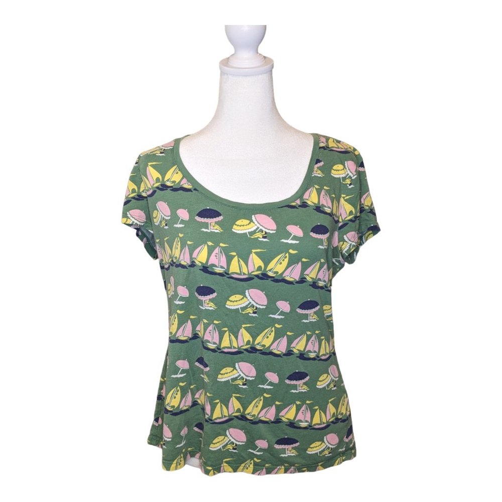 Boden Women's Shirt Cap Sleeve Sailboats Parasols Green Pima Cotton Size 10